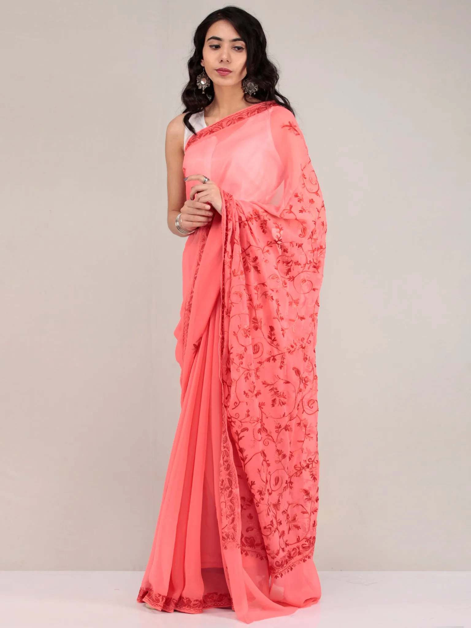 Pech Pink Aari Embroidered Georgette Saree From Kashmir - S031704644