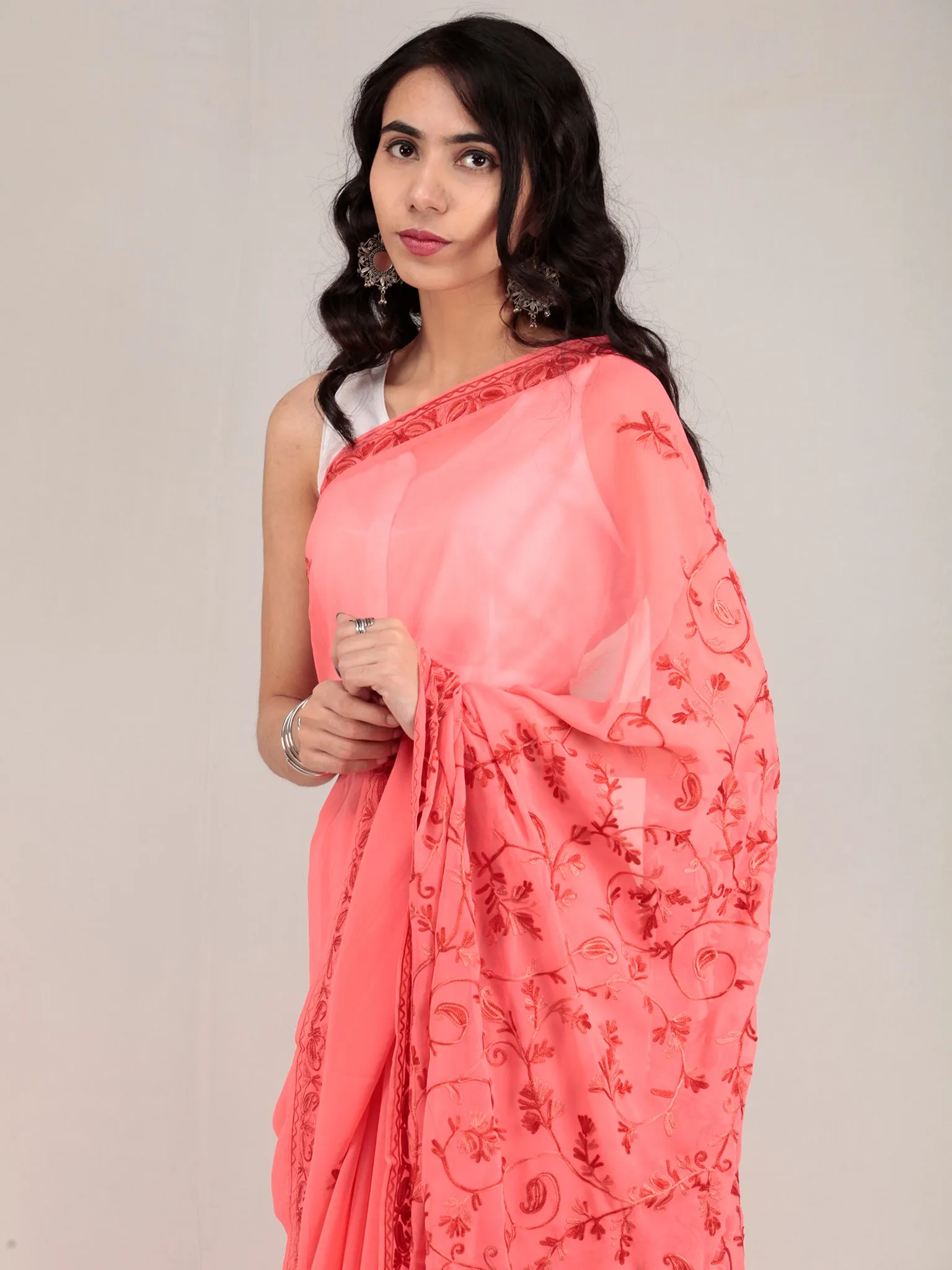 Pech Pink Aari Embroidered Georgette Saree From Kashmir - S031704644