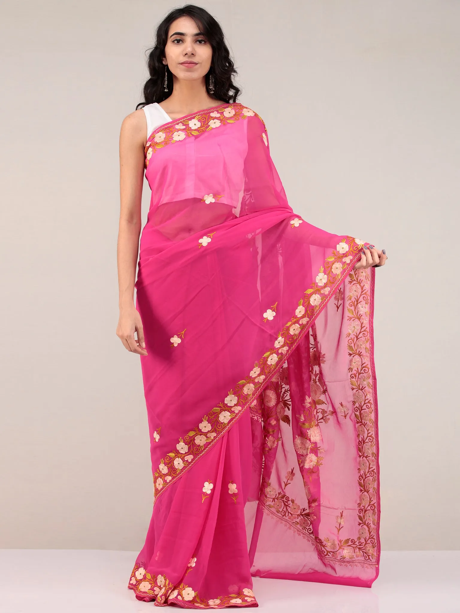 Pink Aari Embroidered Georgette Saree From Kashmir - S031704680