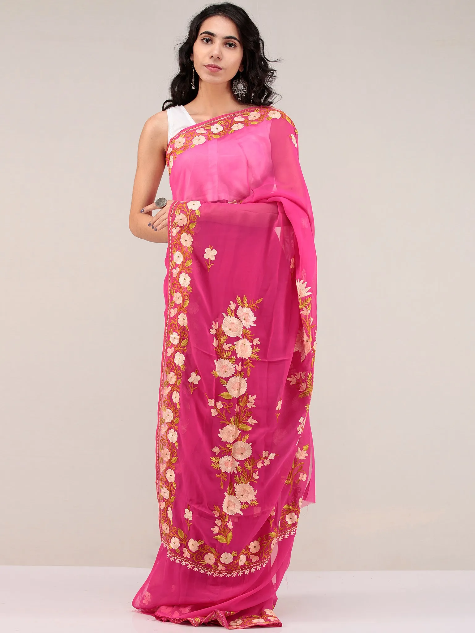 Pink Aari Embroidered Georgette Saree From Kashmir - S031704680