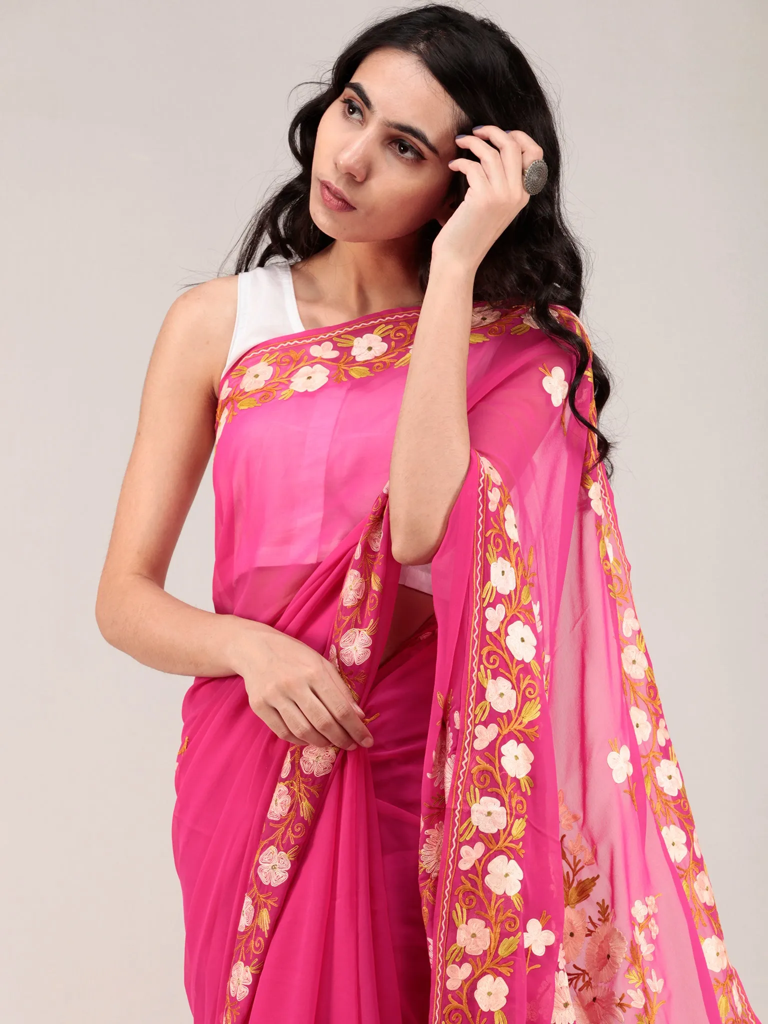 Pink Aari Embroidered Georgette Saree From Kashmir - S031704680