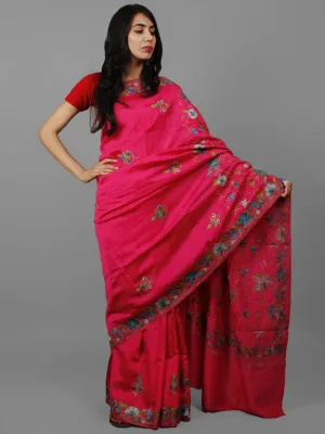 Pink Blue Green Aari Embroidered Bhagalpuri Silk Saree From Kashmir  - S031702147