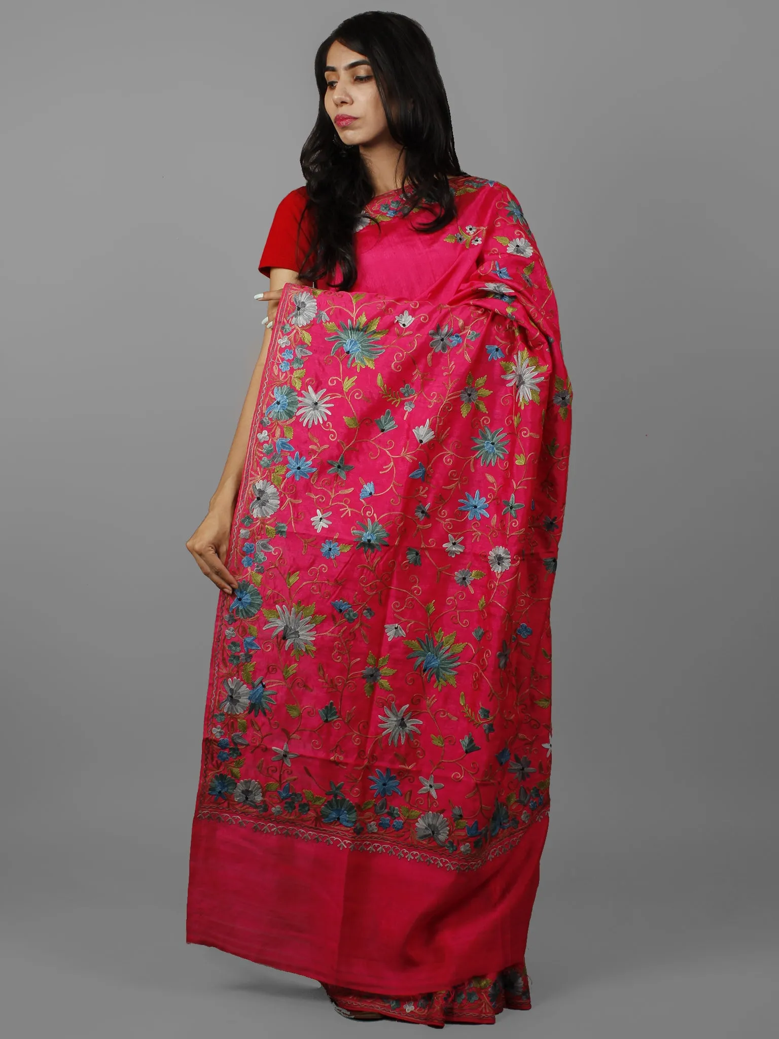 Pink Blue Green Aari Embroidered Bhagalpuri Silk Saree From Kashmir  - S031702147