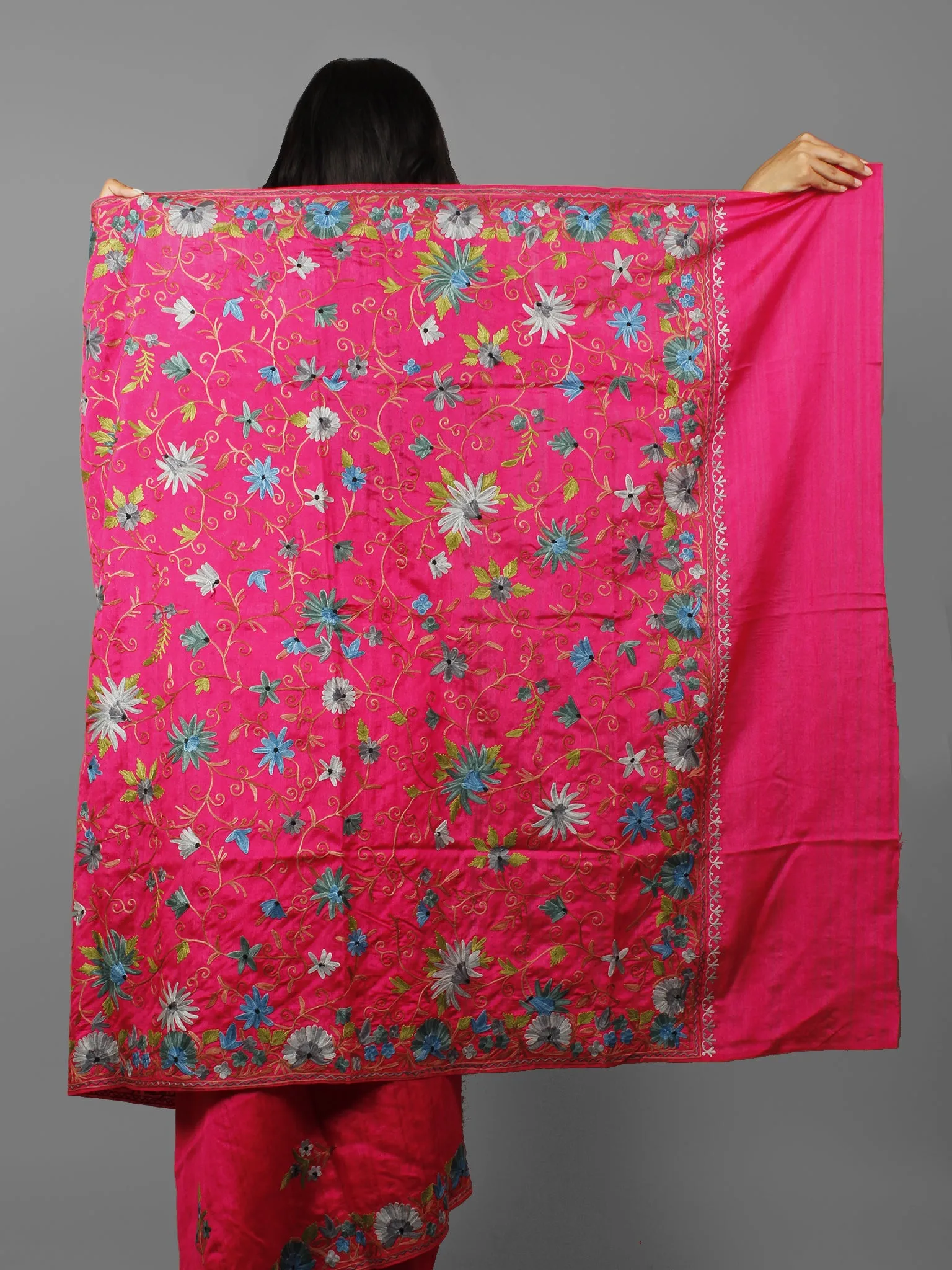 Pink Blue Green Aari Embroidered Bhagalpuri Silk Saree From Kashmir  - S031702147