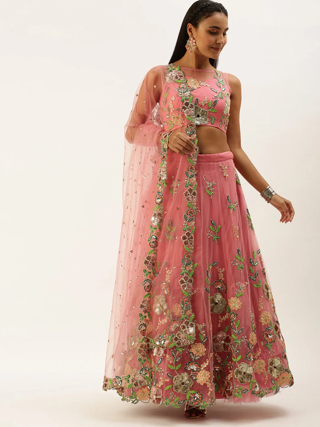 Pink Net Sequinse Cut Work Semi-Stitched Lehenga & Unstitched Blouse with Dupatta