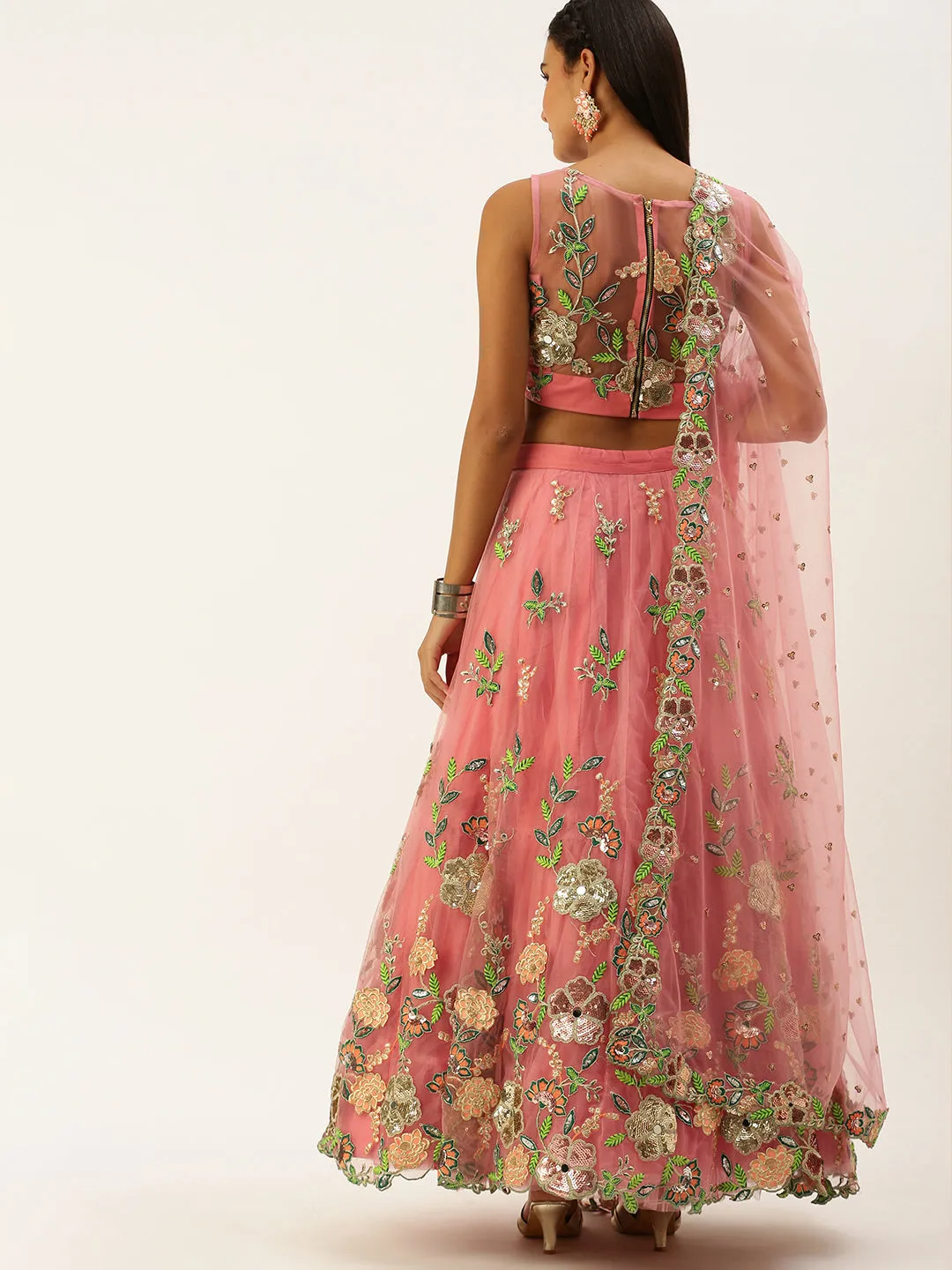 Pink Net Sequinse Cut Work Semi-Stitched Lehenga & Unstitched Blouse with Dupatta