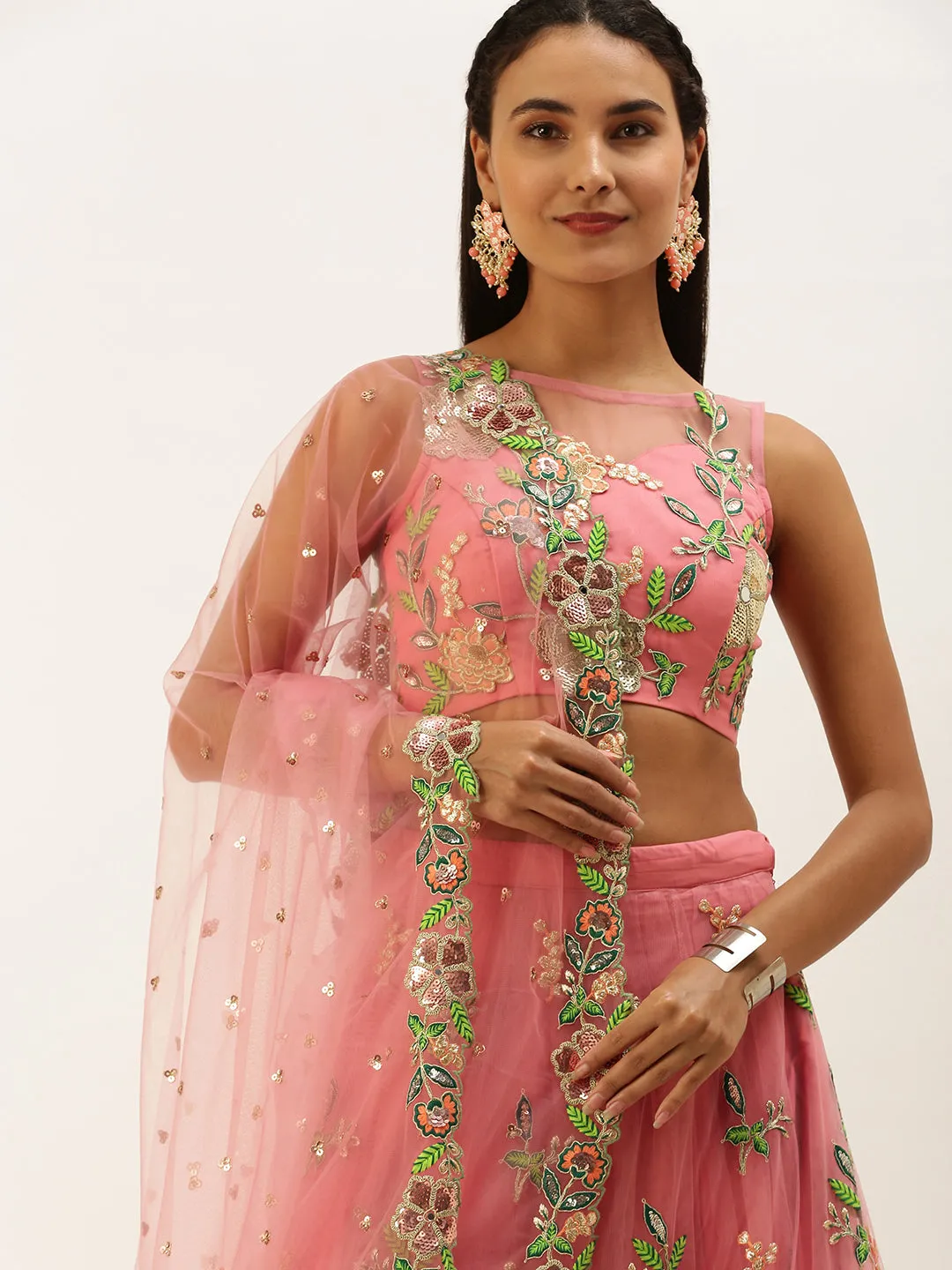 Pink Net Sequinse Cut Work Semi-Stitched Lehenga & Unstitched Blouse with Dupatta