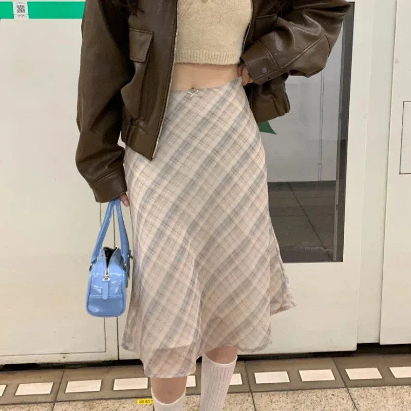 Plaid Skirt Vintage Women Elegant Sweet Korean Style Mid Skirt Y2k Harajuku fashion A-line summer Aesthetics Skirts