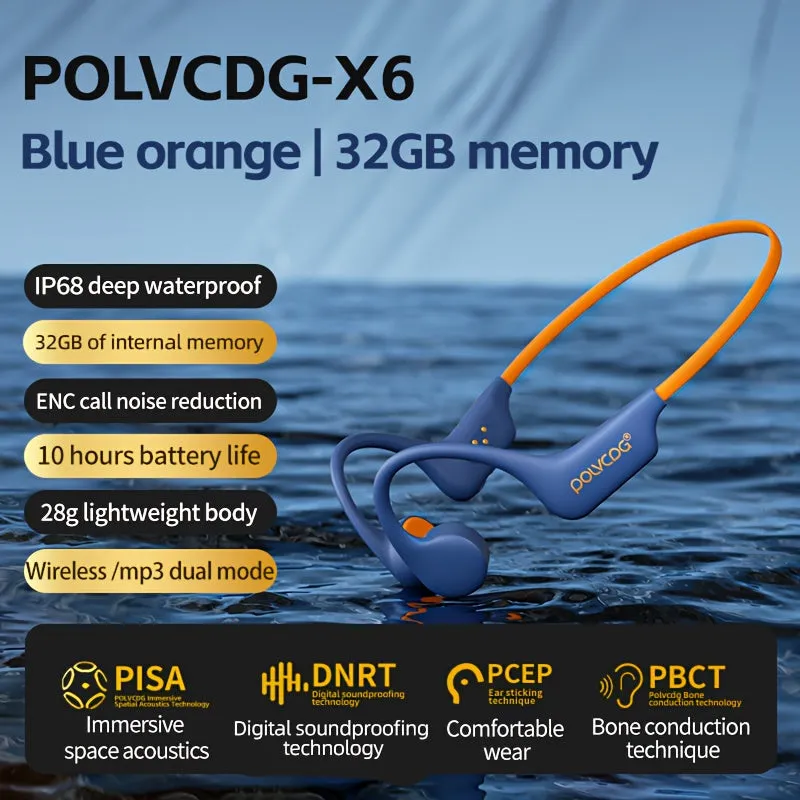 POLVCDG X6 Wireless Bone Conduction Headphones for Swimming with IP68 Waterproof, 32GB Memory, Long Battery Life, Lightweight Design, Sound Isolation, Sports & Exercise Earphones with Volume Control and Rechargeable Battery