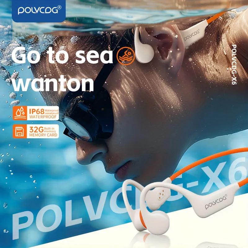 POLVCDG X6 Wireless Bone Conduction Headphones for Swimming with IP68 Waterproof, 32GB Memory, Long Battery Life, Lightweight Design, Sound Isolation, Sports & Exercise Earphones with Volume Control and Rechargeable Battery