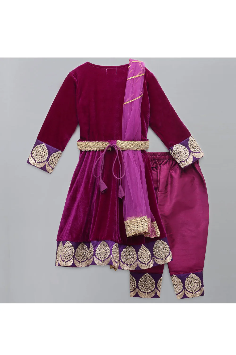 Purple Embroidered Velvet Anarkali Kurta With Pant Set