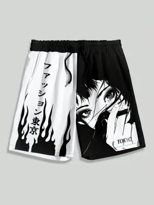 ROMWE Anime Men Chinese Letter & Dragon Graphic Drawstring Waist Shorts, School