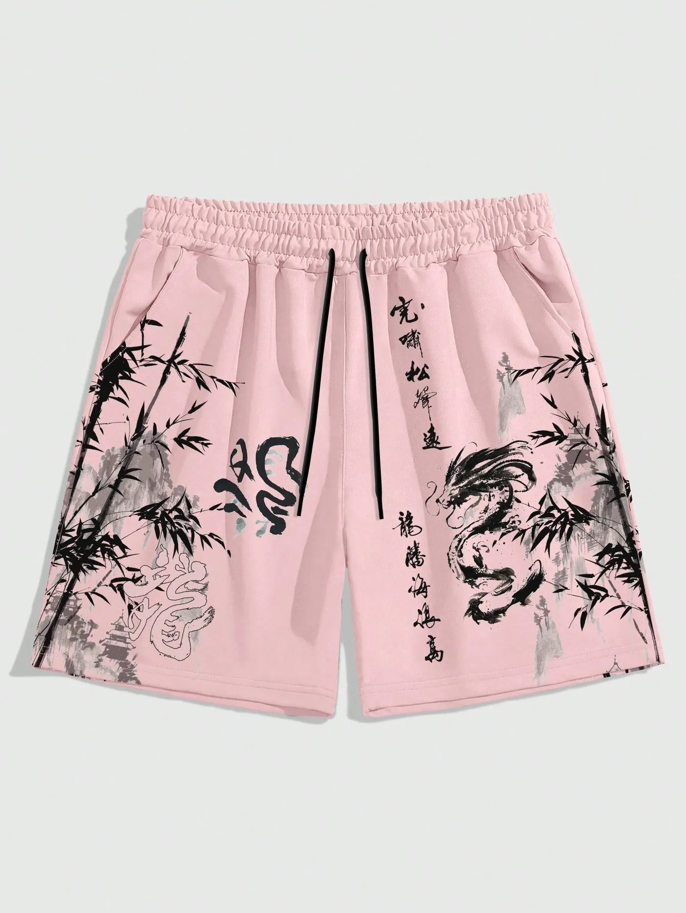 ROMWE Anime Men Chinese Letter & Dragon Graphic Drawstring Waist Shorts, School