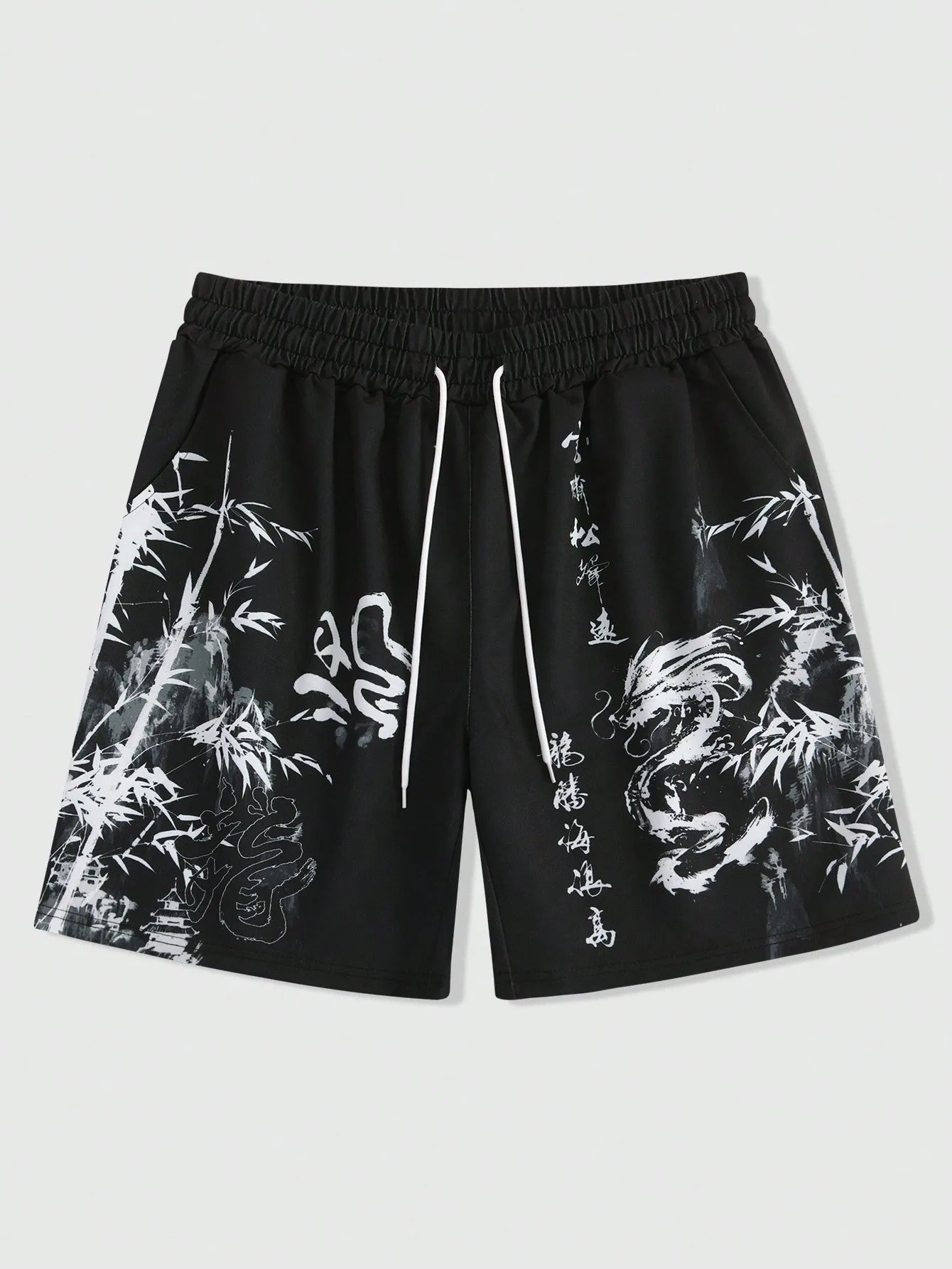 ROMWE Anime Men Chinese Letter & Dragon Graphic Drawstring Waist Shorts, School