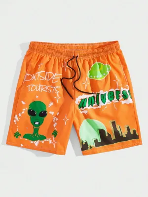 ROMWE Street Life Men Alien & Letter Graphic Drawstring Waist Shorts, School