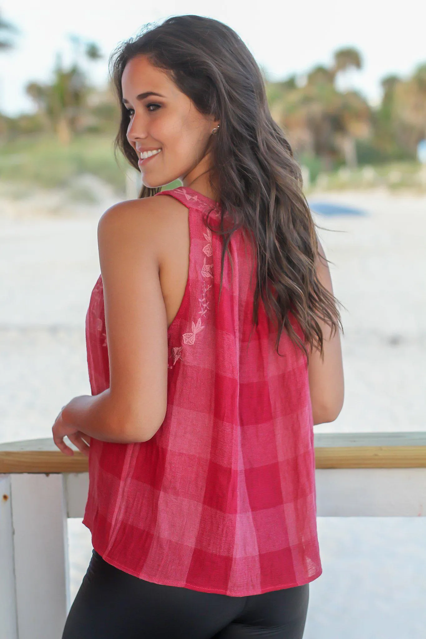 Rose Checkered Top with Embroidery