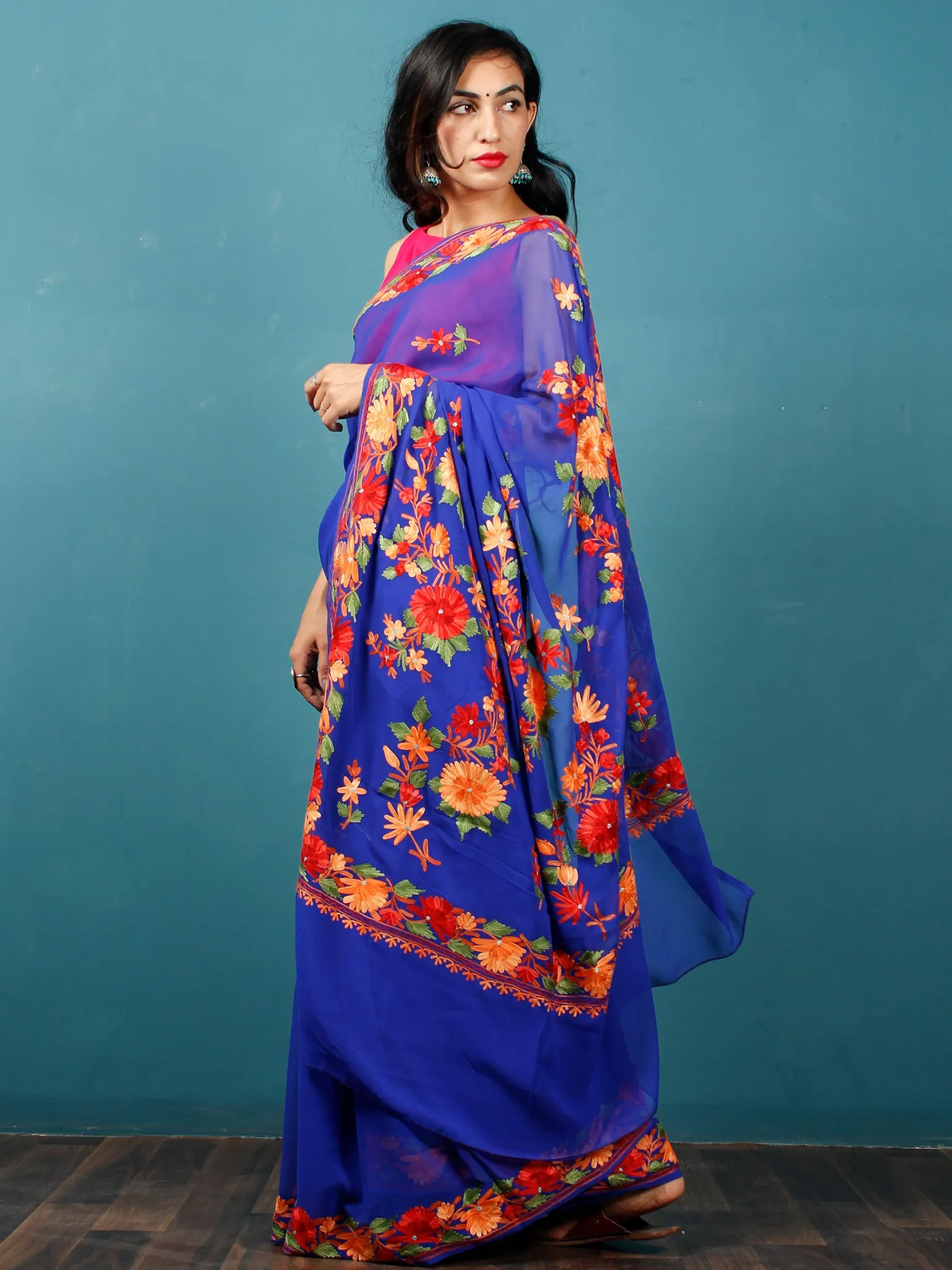 Royal Blue Green Orange Yellow Aari Embroidered Georgette Saree From Kashmir  - S031703060