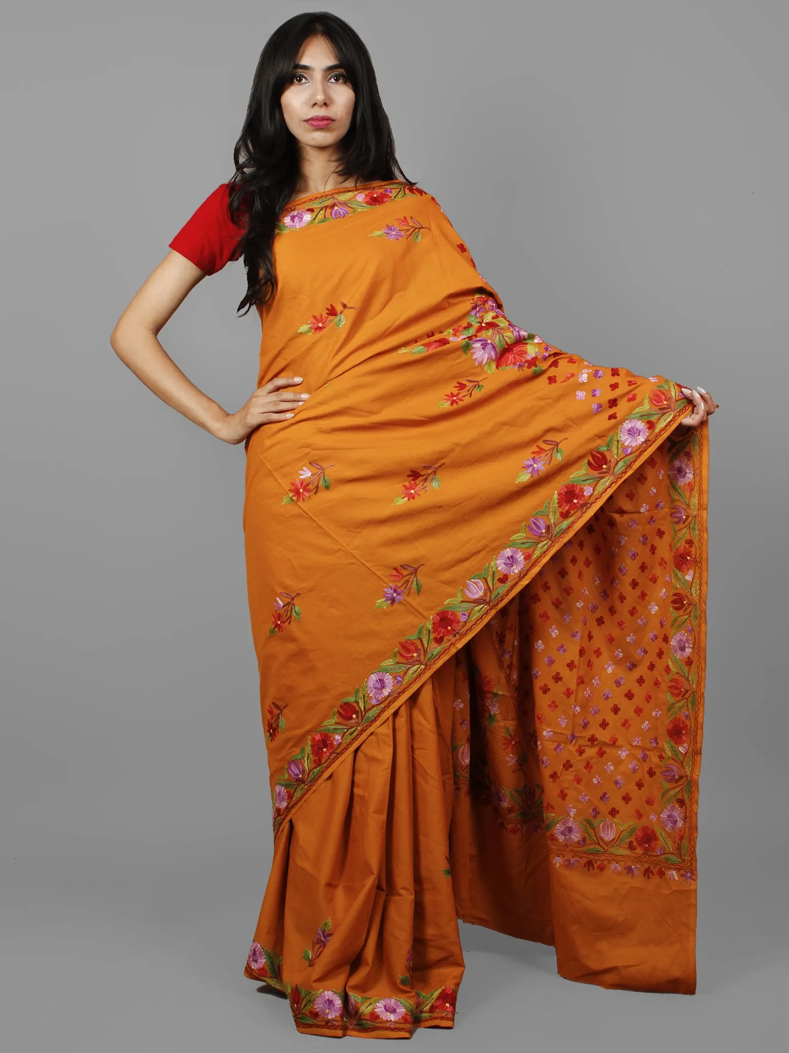 Rust Brown Green Purple Aari Embroidered Cotton Saree From Kashmir  - S031702169