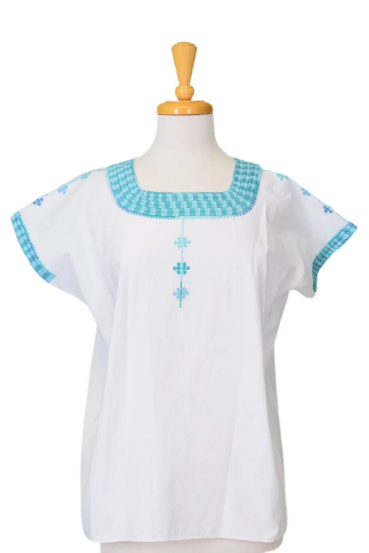 Santa Marta Mexican Top - Cotton - White, Turquoise