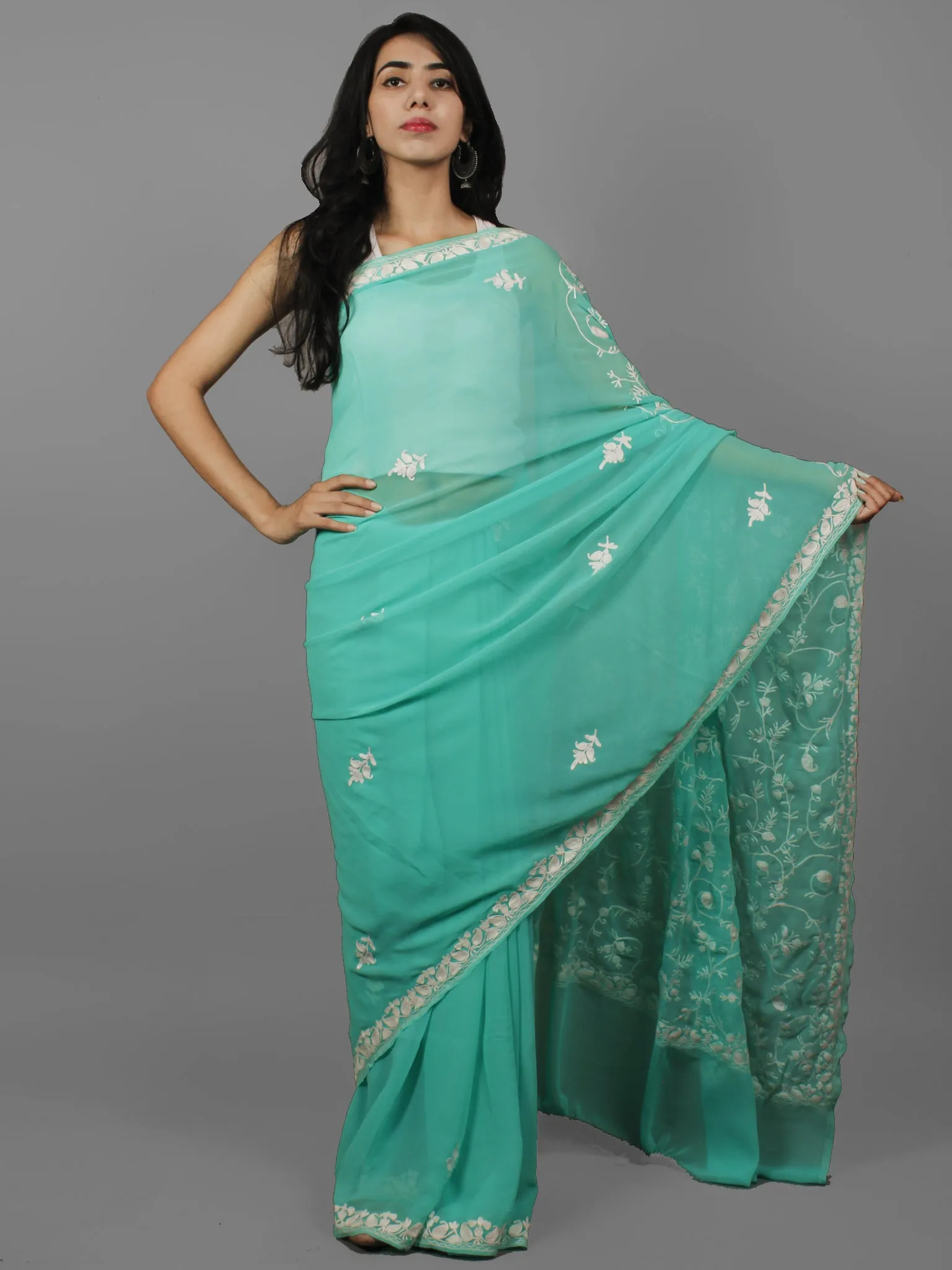 Seaform Green White Aari Embroidered Chiffon Saree From Kashmir  - S031702135