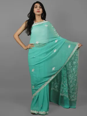 Seaform Green White Aari Embroidered Chiffon Saree From Kashmir  - S031702135