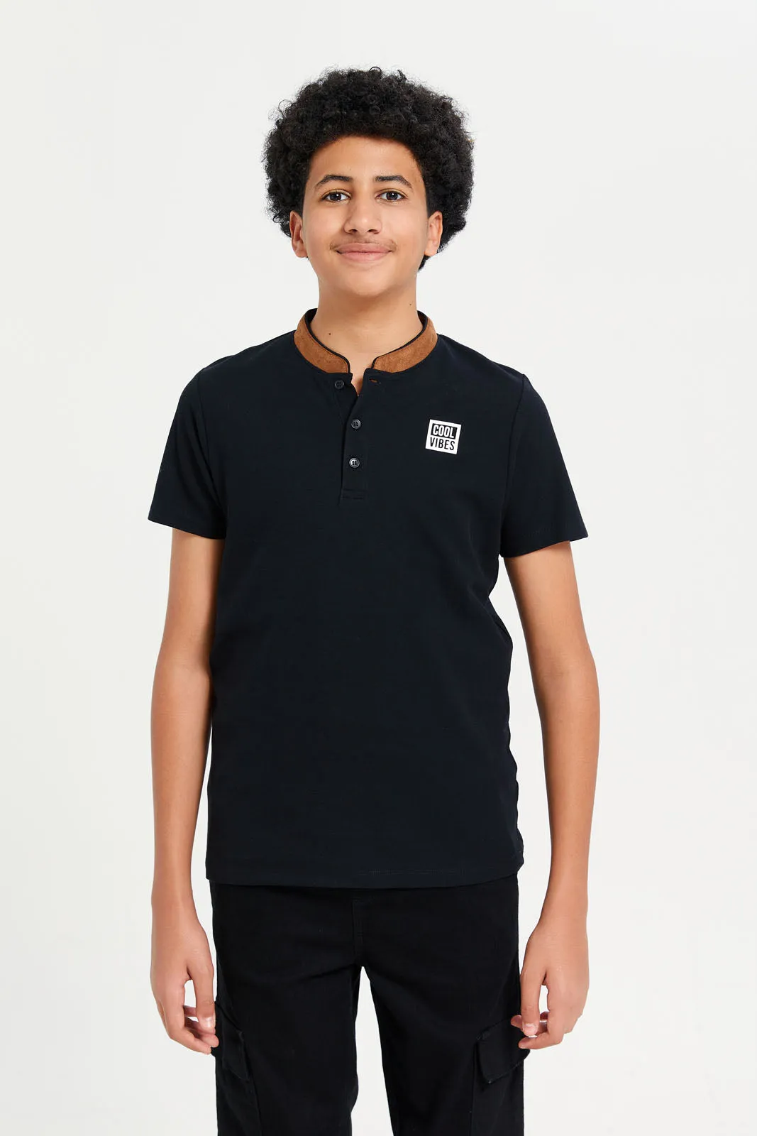 Senior Boys Black Embellished Polo Shirt