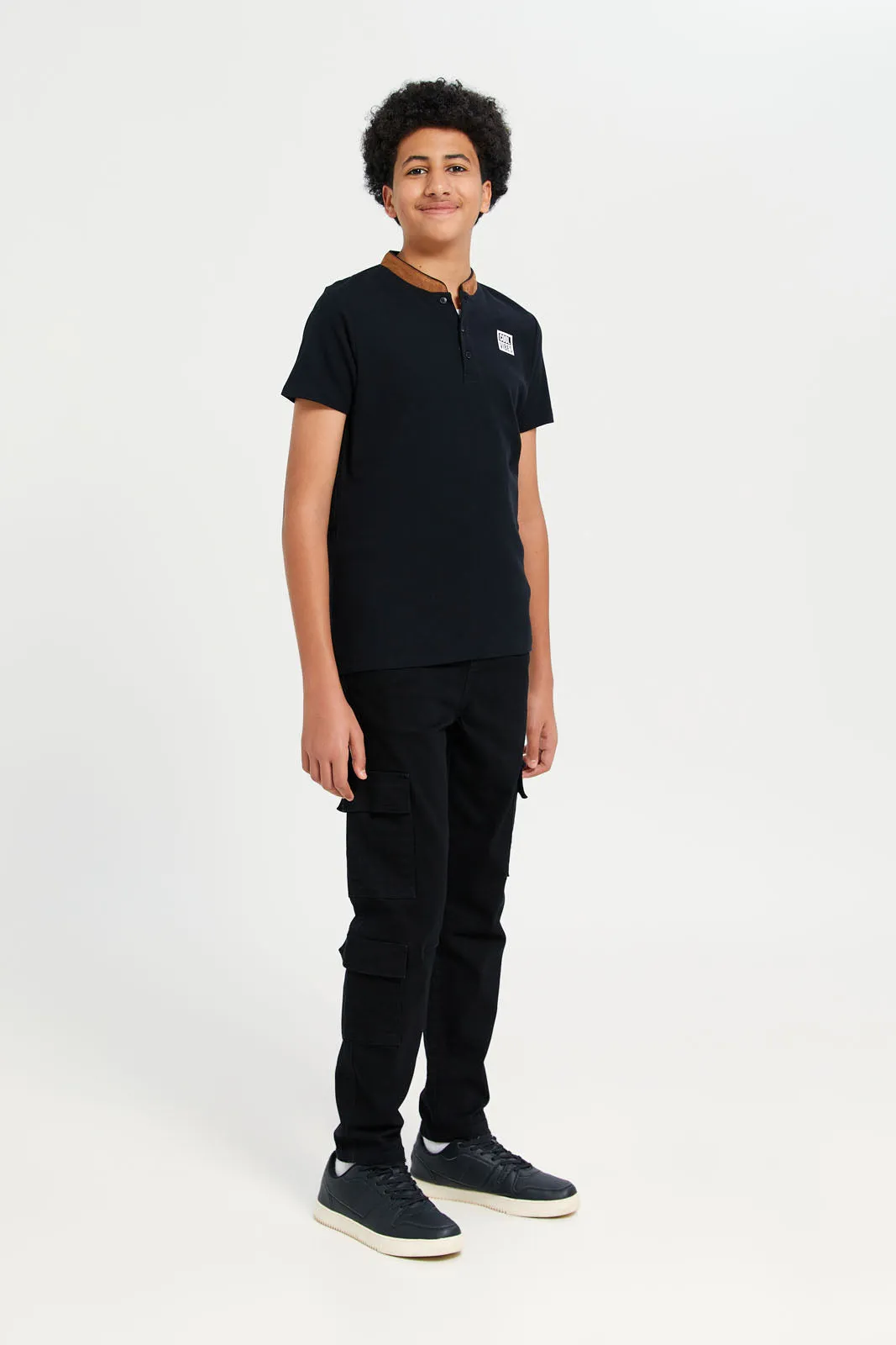 Senior Boys Black Embellished Polo Shirt