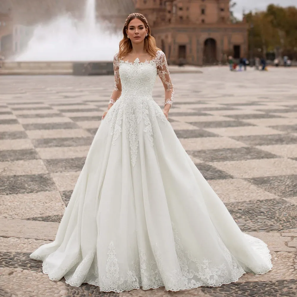 Sexy Illusion Lace A-Line Princess Wedding DressLuxury Appliques Button Court Train Bride Gown