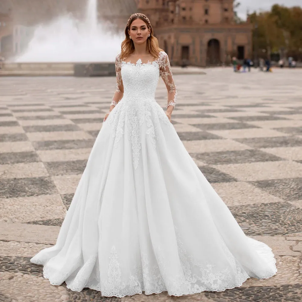 Sexy Illusion Lace A-Line Princess Wedding DressLuxury Appliques Button Court Train Bride Gown