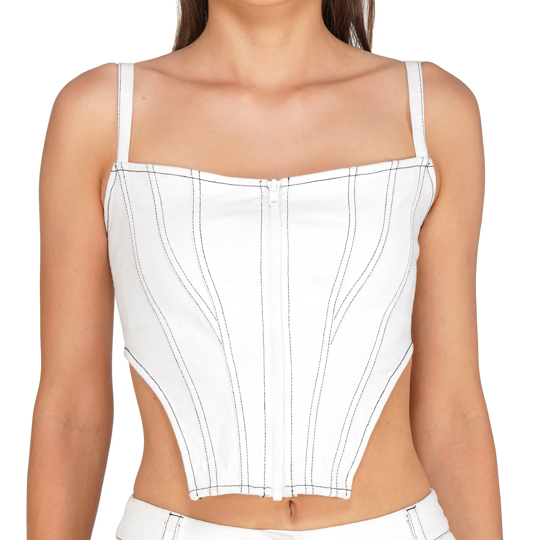 SLAY. Women's White Denim Zip up Corset