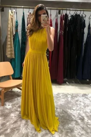 Sleeveless Yellow Chiffon Prom Gown with Pleat Bodice,Evening Dress