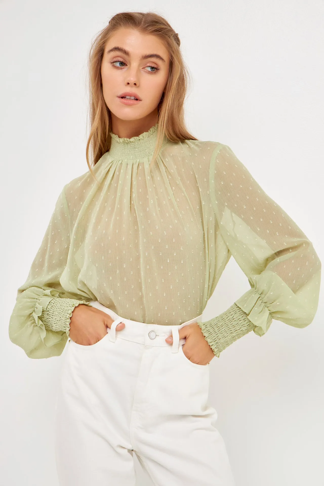 Smocking Detailed Long Sleeve Woven Top