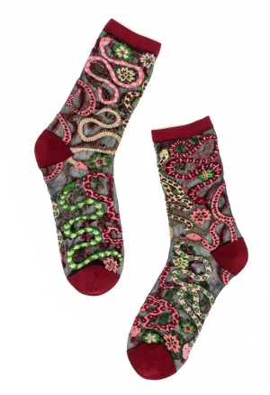 Sock Candy Serpentine Floral Sheer Crew Sock -Large