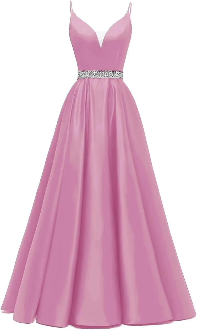 Spaghetti Straps Prom Dress Long Satin Beaded V-Neck Formal Evening Party Ball Gowns with Pockets