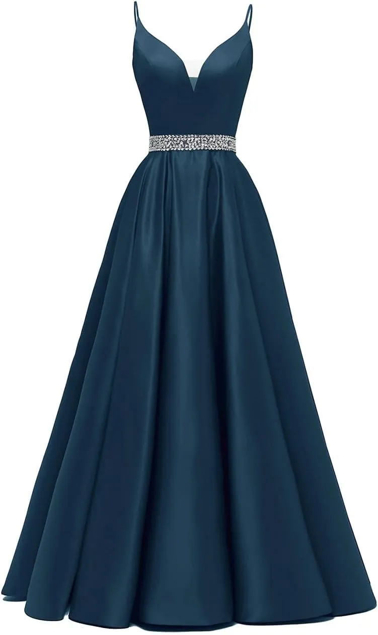 Spaghetti Straps Prom Dress Long Satin Beaded V-Neck Formal Evening Party Ball Gowns with Pockets