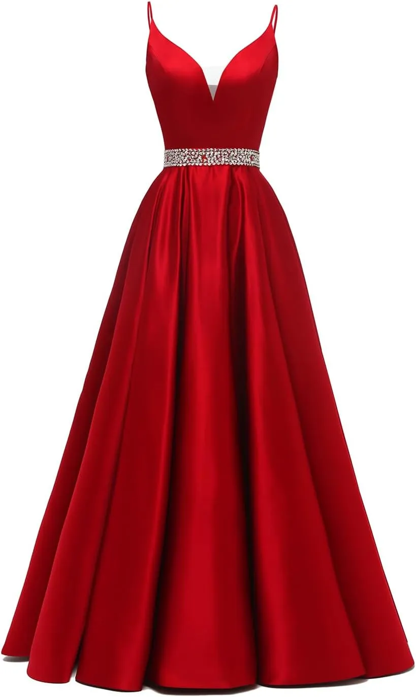 Spaghetti Straps Prom Dress Long Satin Beaded V-Neck Formal Evening Party Ball Gowns with Pockets