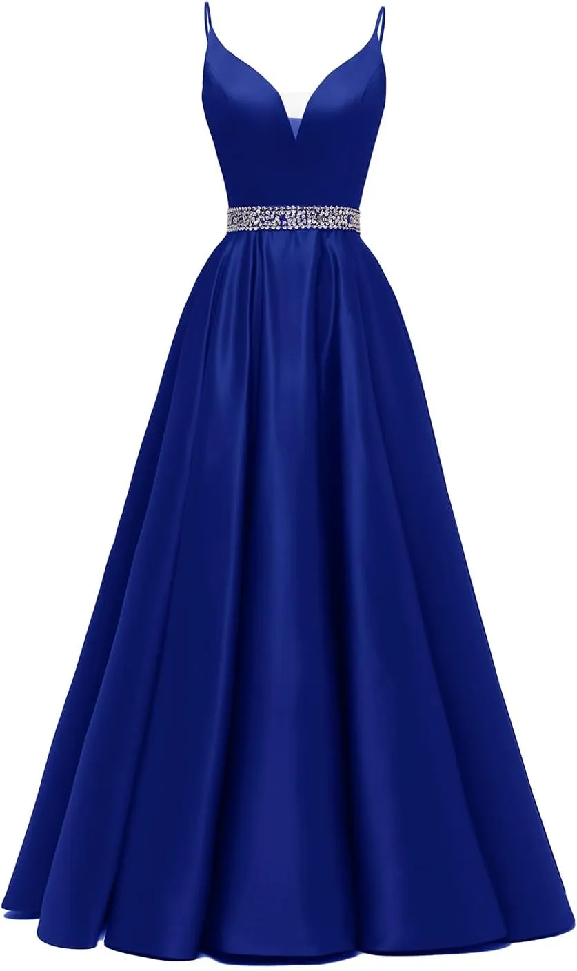 Spaghetti Straps Prom Dress Long Satin Beaded V-Neck Formal Evening Party Ball Gowns with Pockets