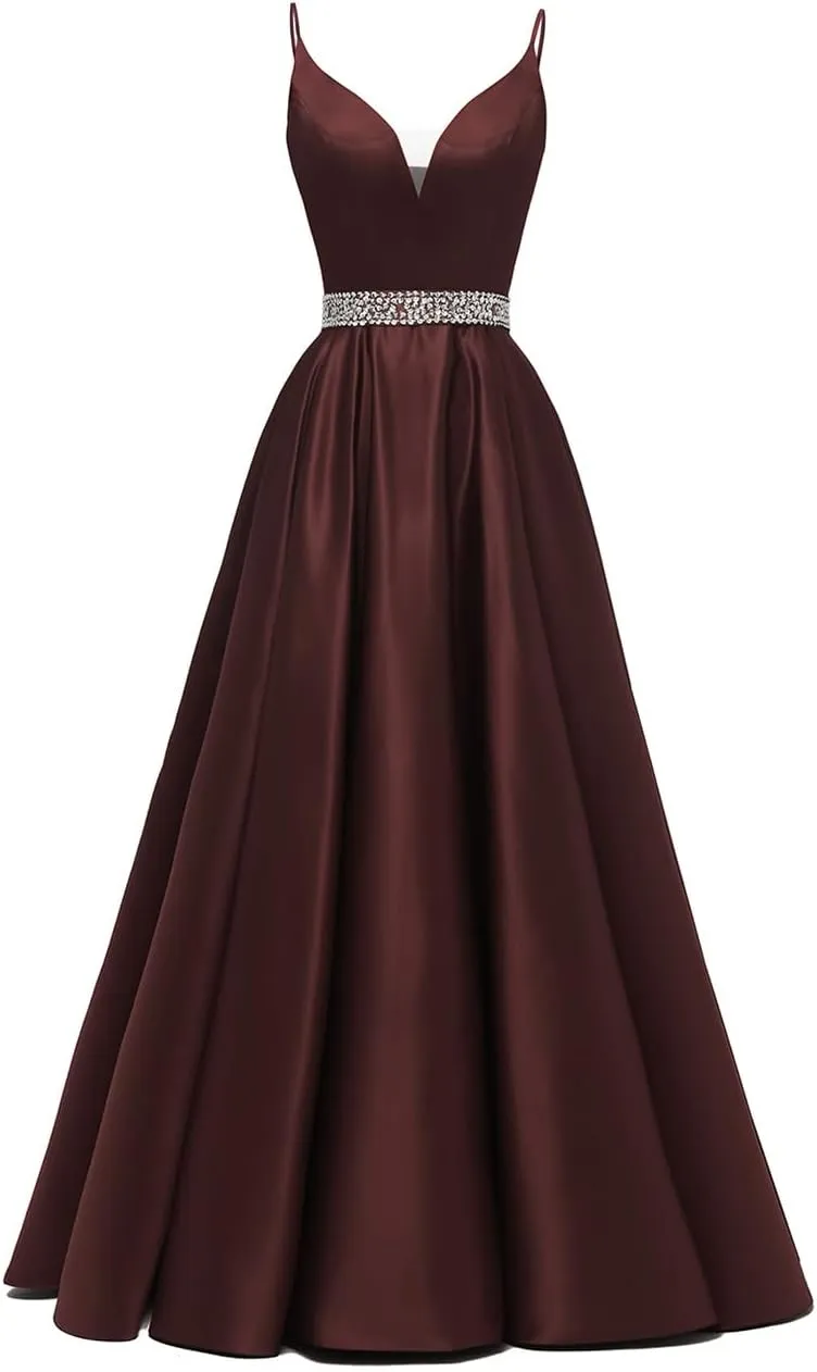 Spaghetti Straps Prom Dress Long Satin Beaded V-Neck Formal Evening Party Ball Gowns with Pockets