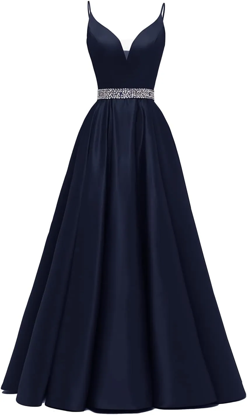 Spaghetti Straps Prom Dress Long Satin Beaded V-Neck Formal Evening Party Ball Gowns with Pockets