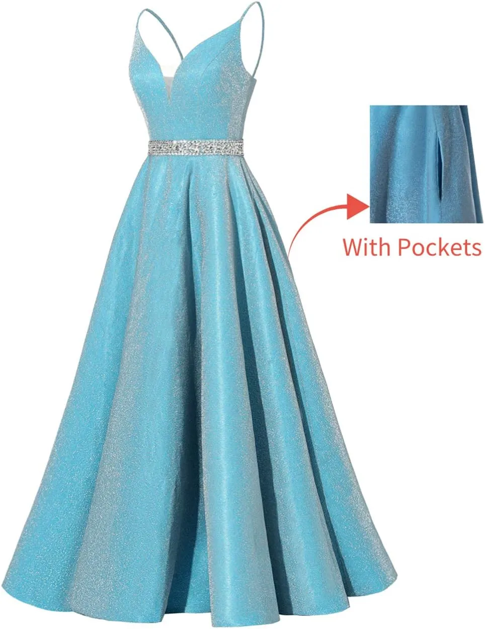 Spaghetti Straps Prom Dress Long Satin Beaded V-Neck Formal Evening Party Ball Gowns with Pockets