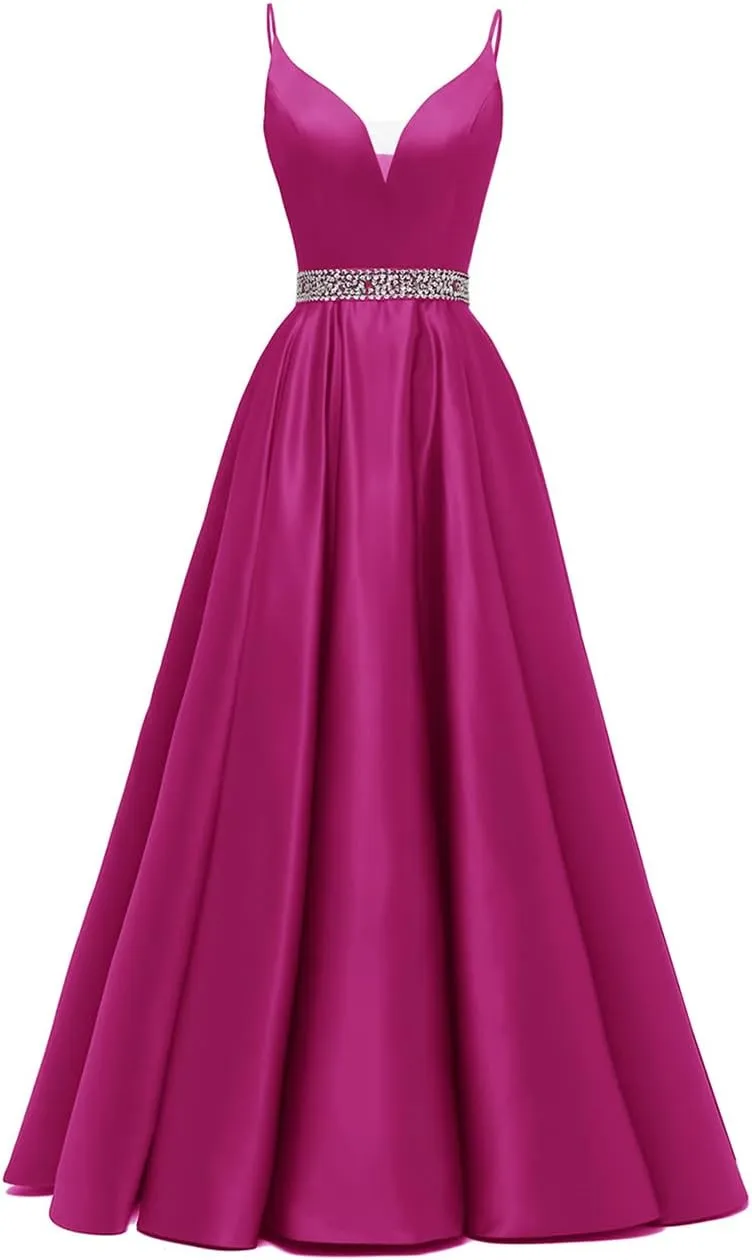 Spaghetti Straps Prom Dress Long Satin Beaded V-Neck Formal Evening Party Ball Gowns with Pockets