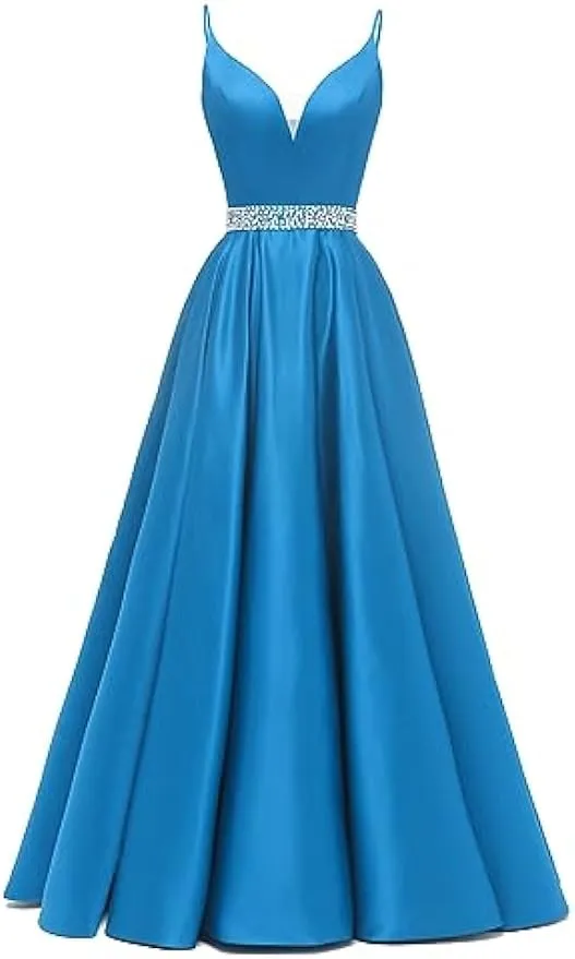 Spaghetti Straps Prom Dress Long Satin Beaded V-Neck Formal Evening Party Ball Gowns with Pockets