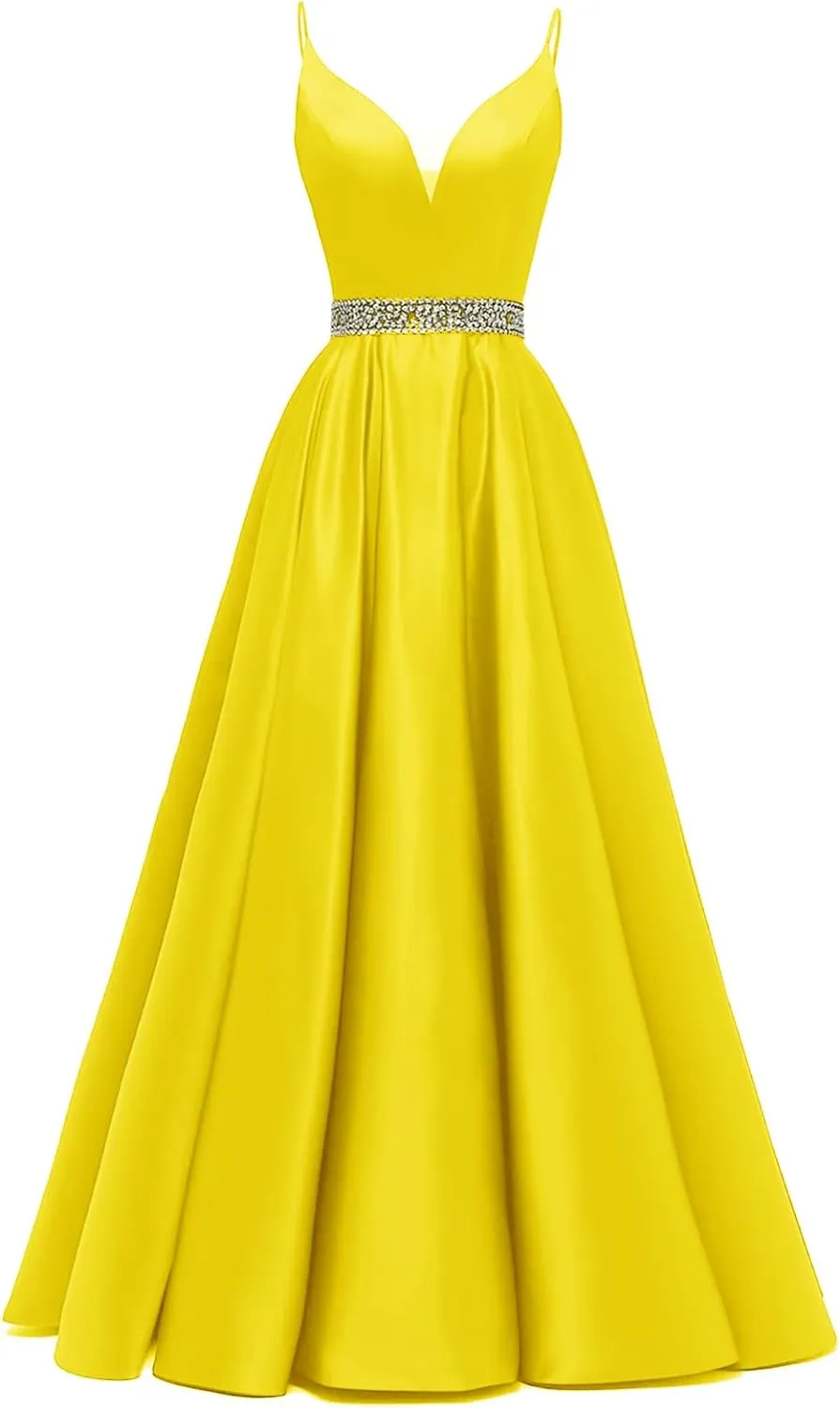 Spaghetti Straps Prom Dress Long Satin Beaded V-Neck Formal Evening Party Ball Gowns with Pockets