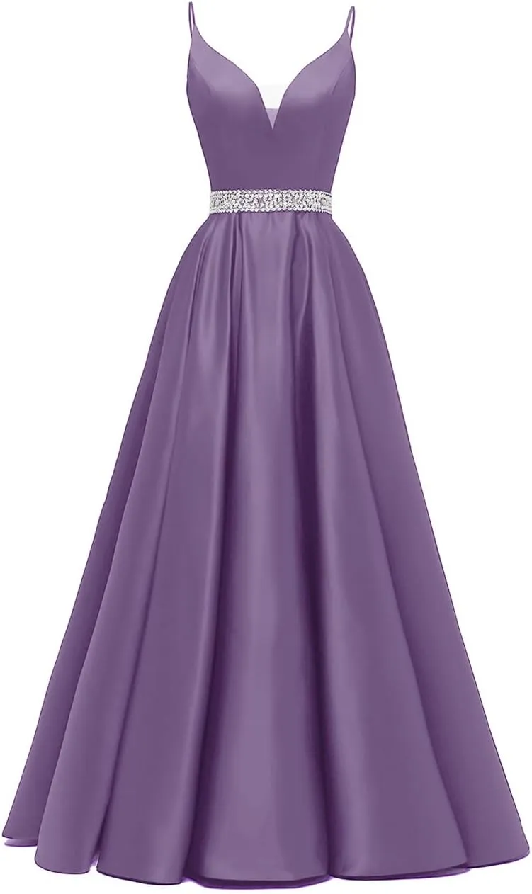 Spaghetti Straps Prom Dress Long Satin Beaded V-Neck Formal Evening Party Ball Gowns with Pockets