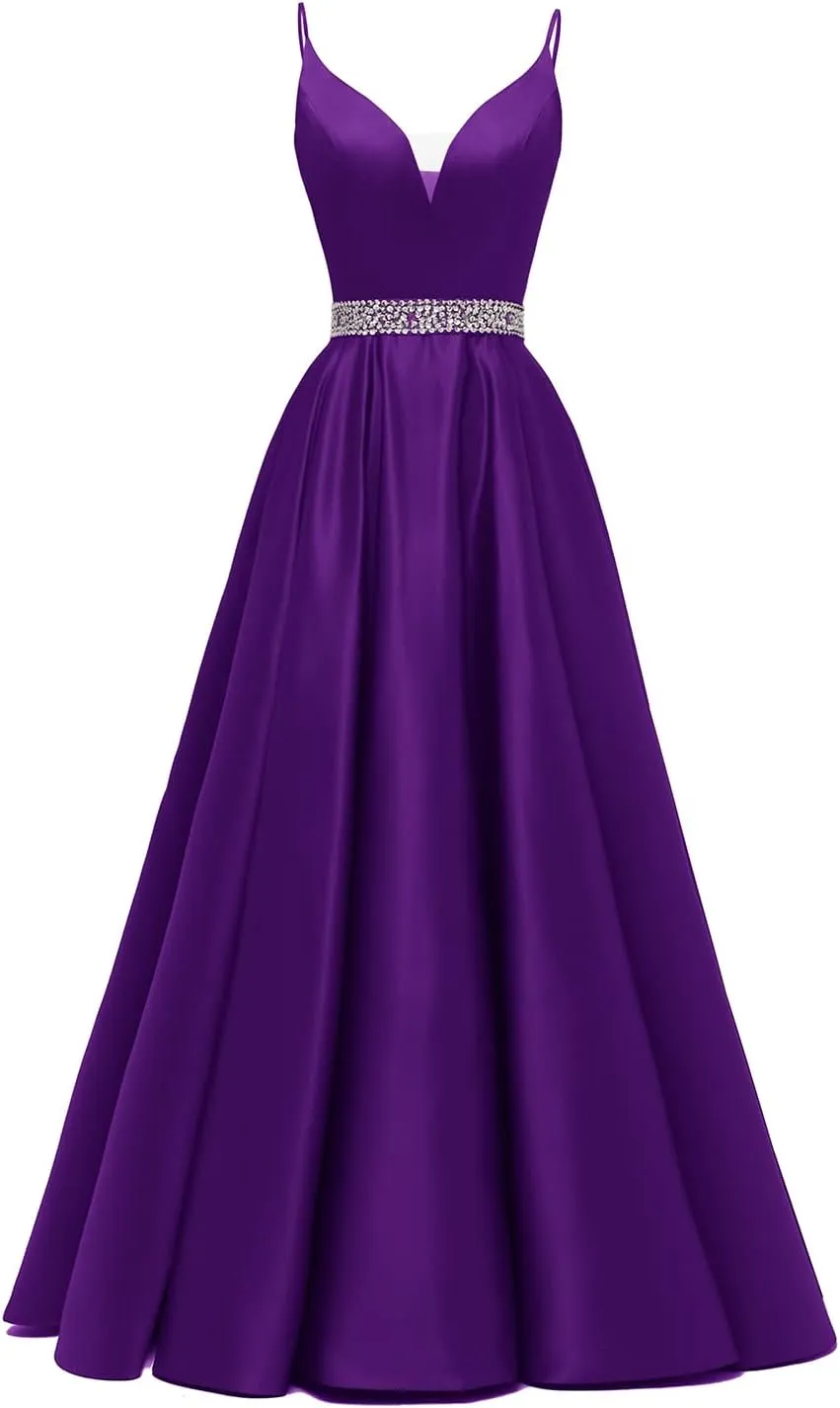 Spaghetti Straps Prom Dress Long Satin Beaded V-Neck Formal Evening Party Ball Gowns with Pockets