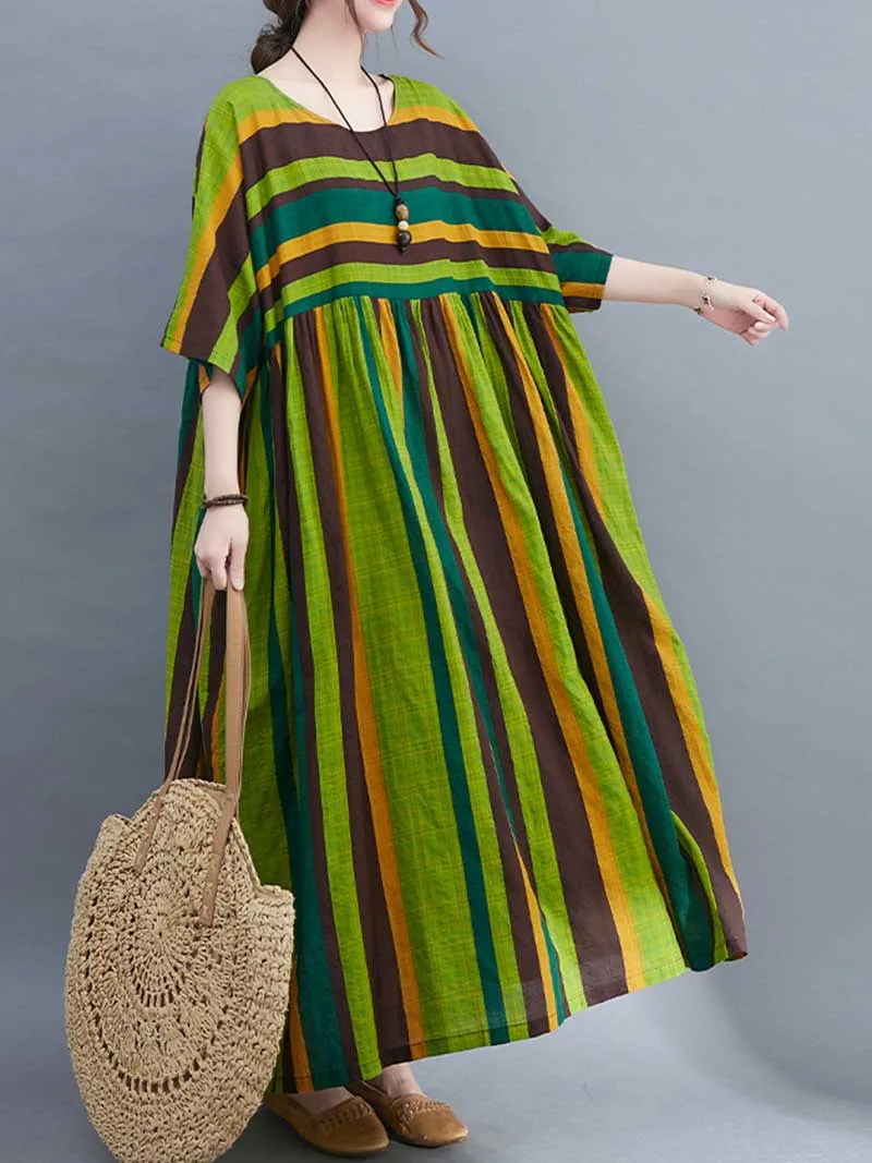 Striped Cotton Short-Sleeves A-Line Dress