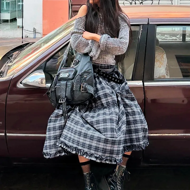 TAVIMART  -  Y2K Frill A-line Skirt Women Streetwear Plaid Print Grunge Style Low Waist Loose Long Skirts Preppy Fashion Outfits