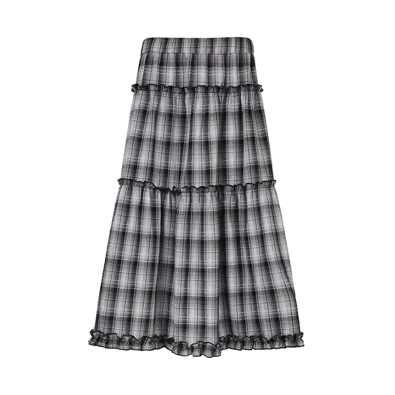 TAVIMART  -  Y2K Frill A-line Skirt Women Streetwear Plaid Print Grunge Style Low Waist Loose Long Skirts Preppy Fashion Outfits