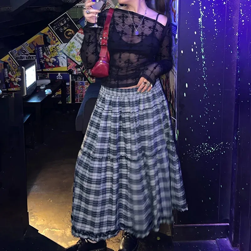 TAVIMART  -  Y2K Frill A-line Skirt Women Streetwear Plaid Print Grunge Style Low Waist Loose Long Skirts Preppy Fashion Outfits