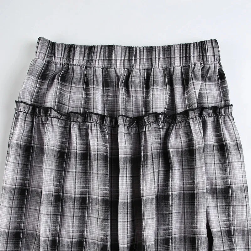 TAVIMART  -  Y2K Frill A-line Skirt Women Streetwear Plaid Print Grunge Style Low Waist Loose Long Skirts Preppy Fashion Outfits